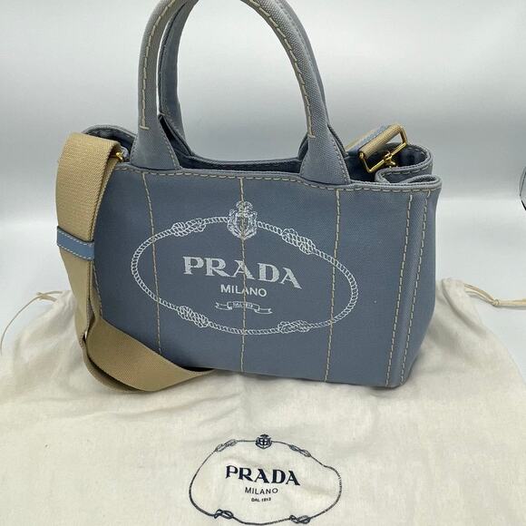 Prada Small Baby Blue Canapa Canvas with Dust Bag Tote Bag - Picture 11 of 12